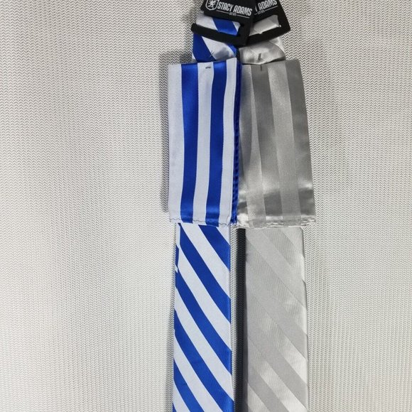 Stacy Adams TWO PACK Extra Long Formal Stripe Tie Handkerchief SILVER + BLUE SET - Picture 2 of 8